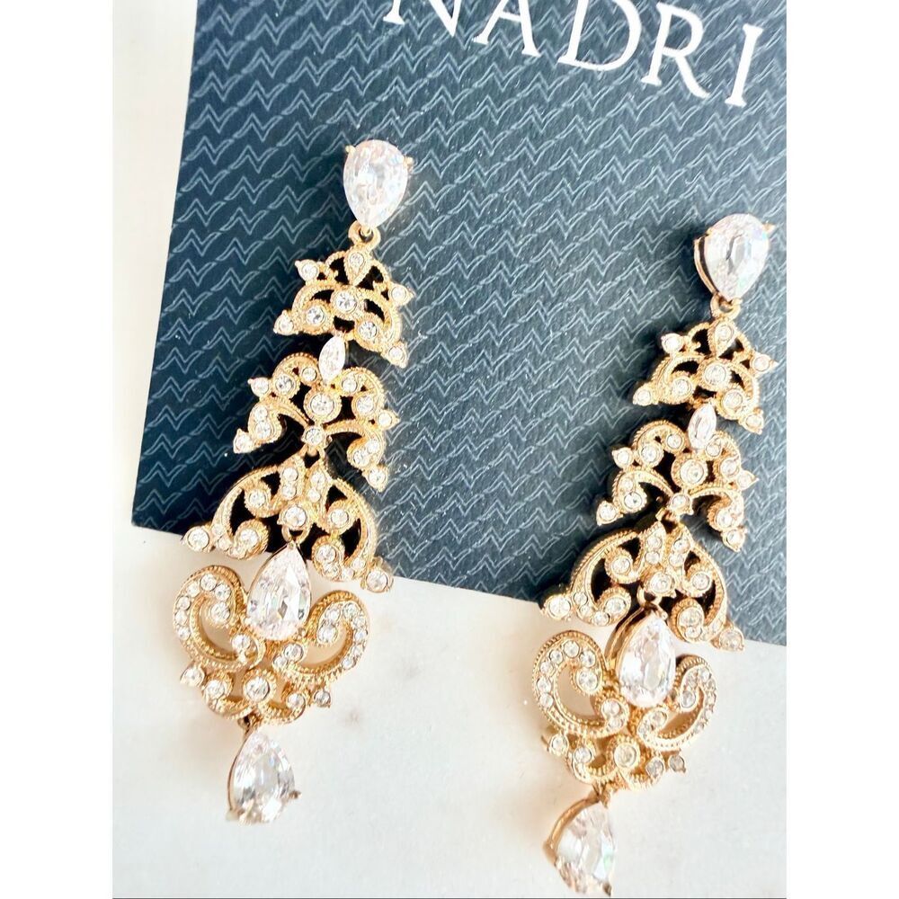 Nadri Gold Crystal Chandelier Earrings | Bridal Wedding Statement Drop CZ - Picture 4 of 6